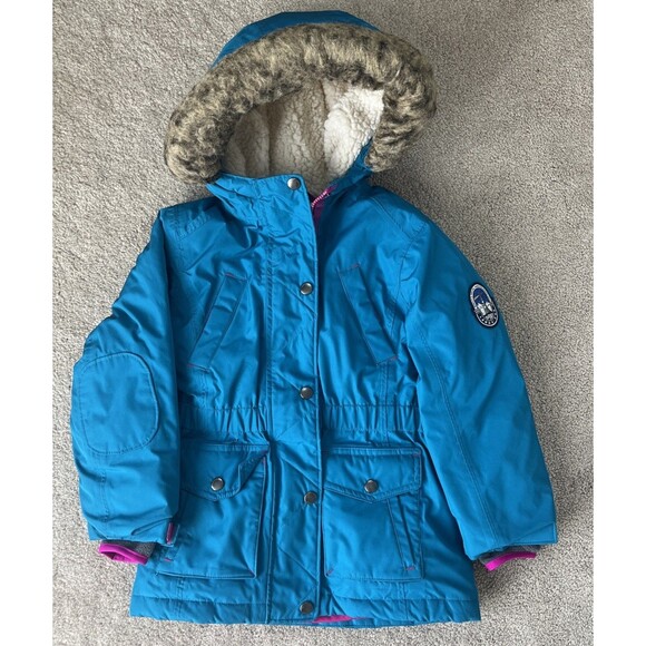 Lands End Expedition Down Parka Jacket Girls Medium 5-6 Blue Sherpa Winter Coat - Picture 1 of 8